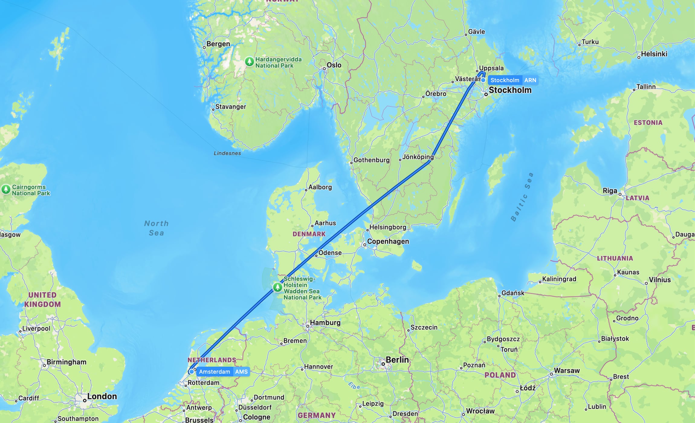 Flight map AMS to ARN
