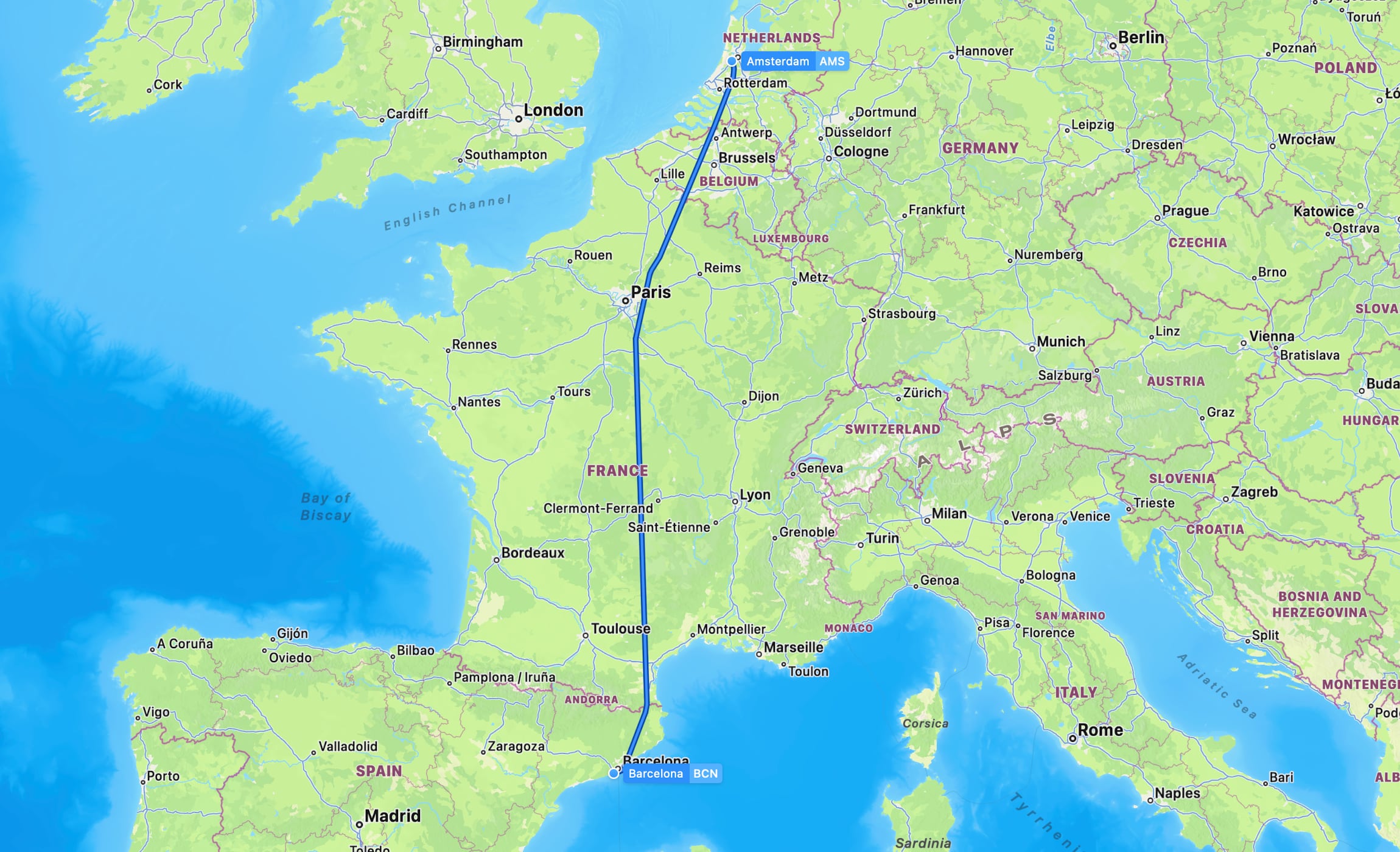 Flight map AMS to BCN