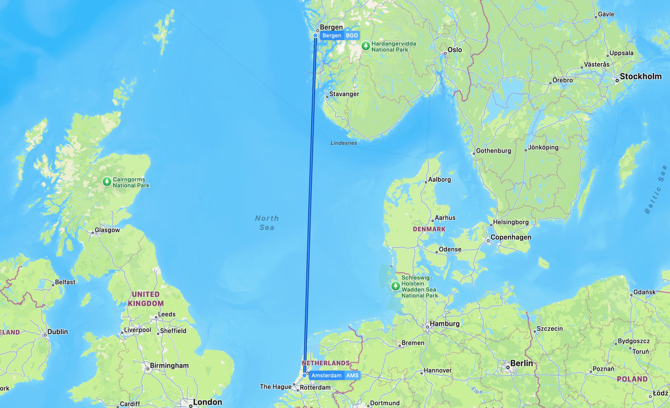 Flight map AMS to BGO
