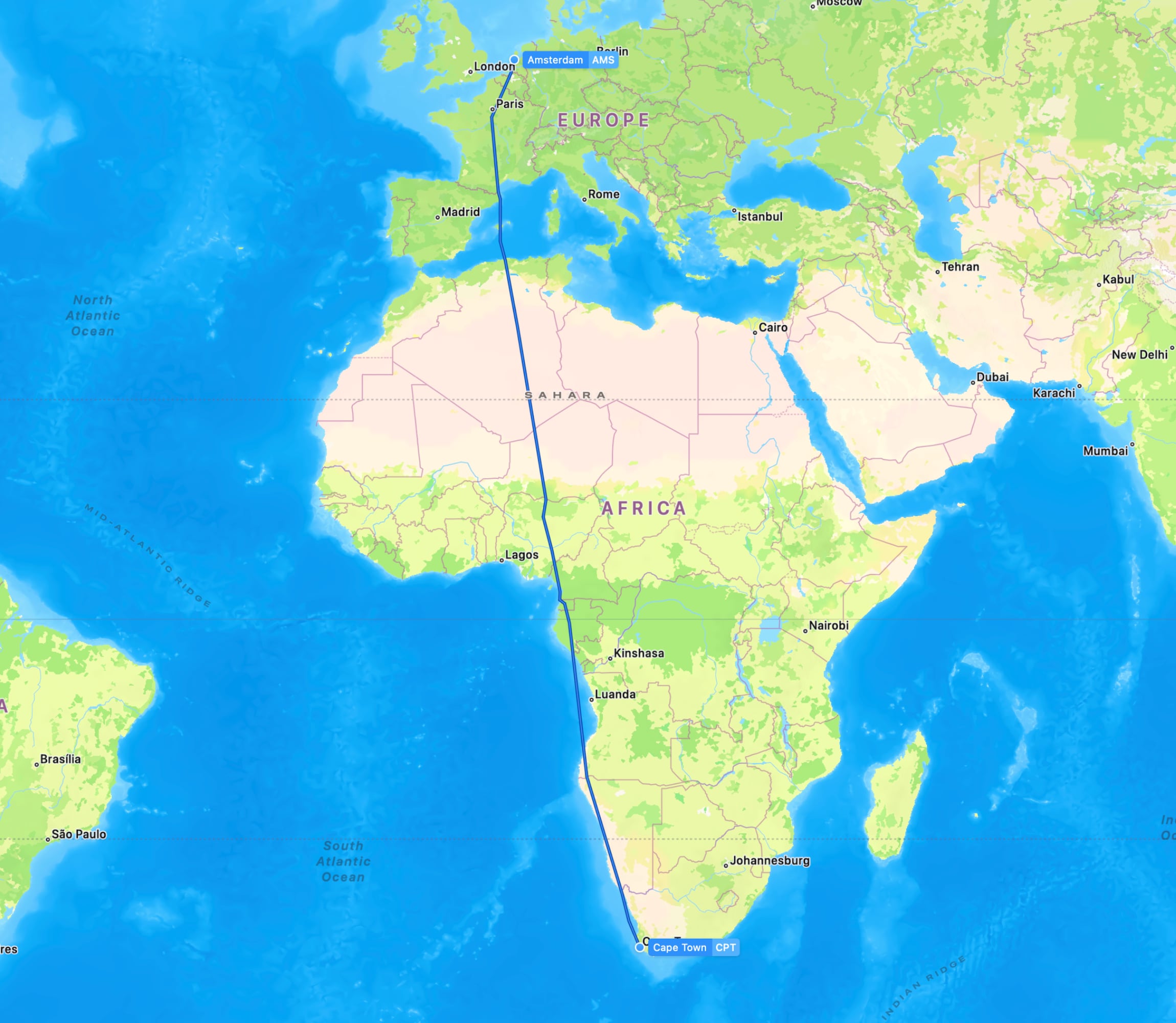 Flight map AMS to CPT