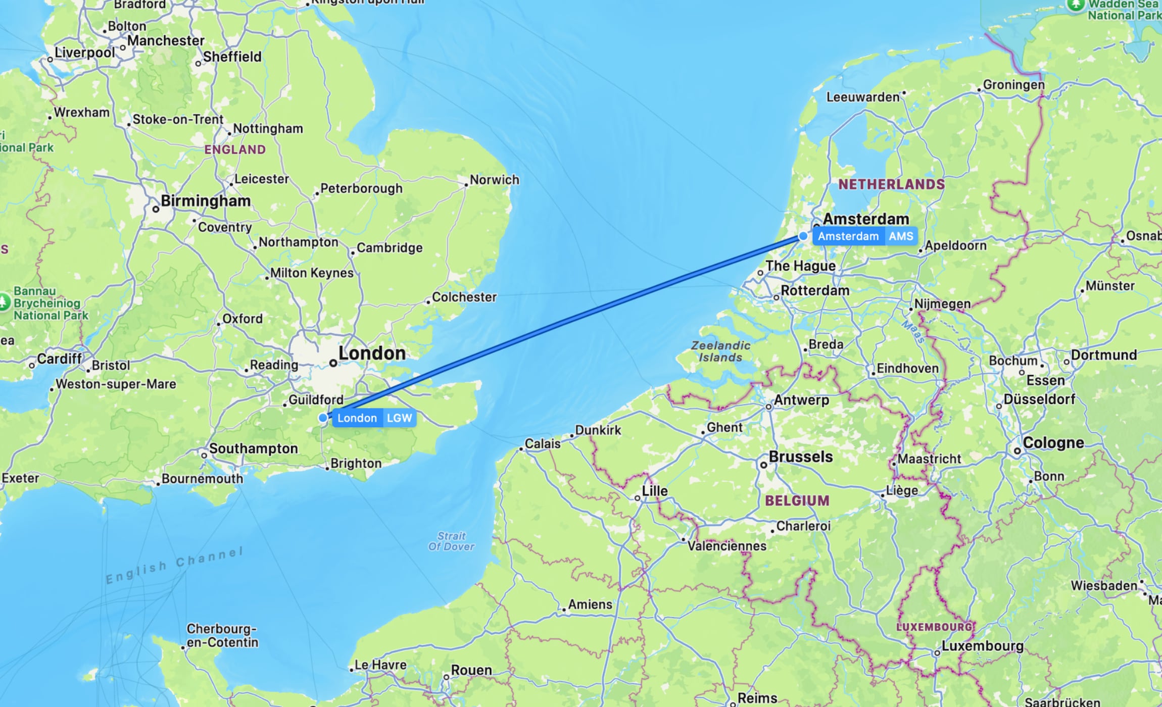Flight map AMS to LGW