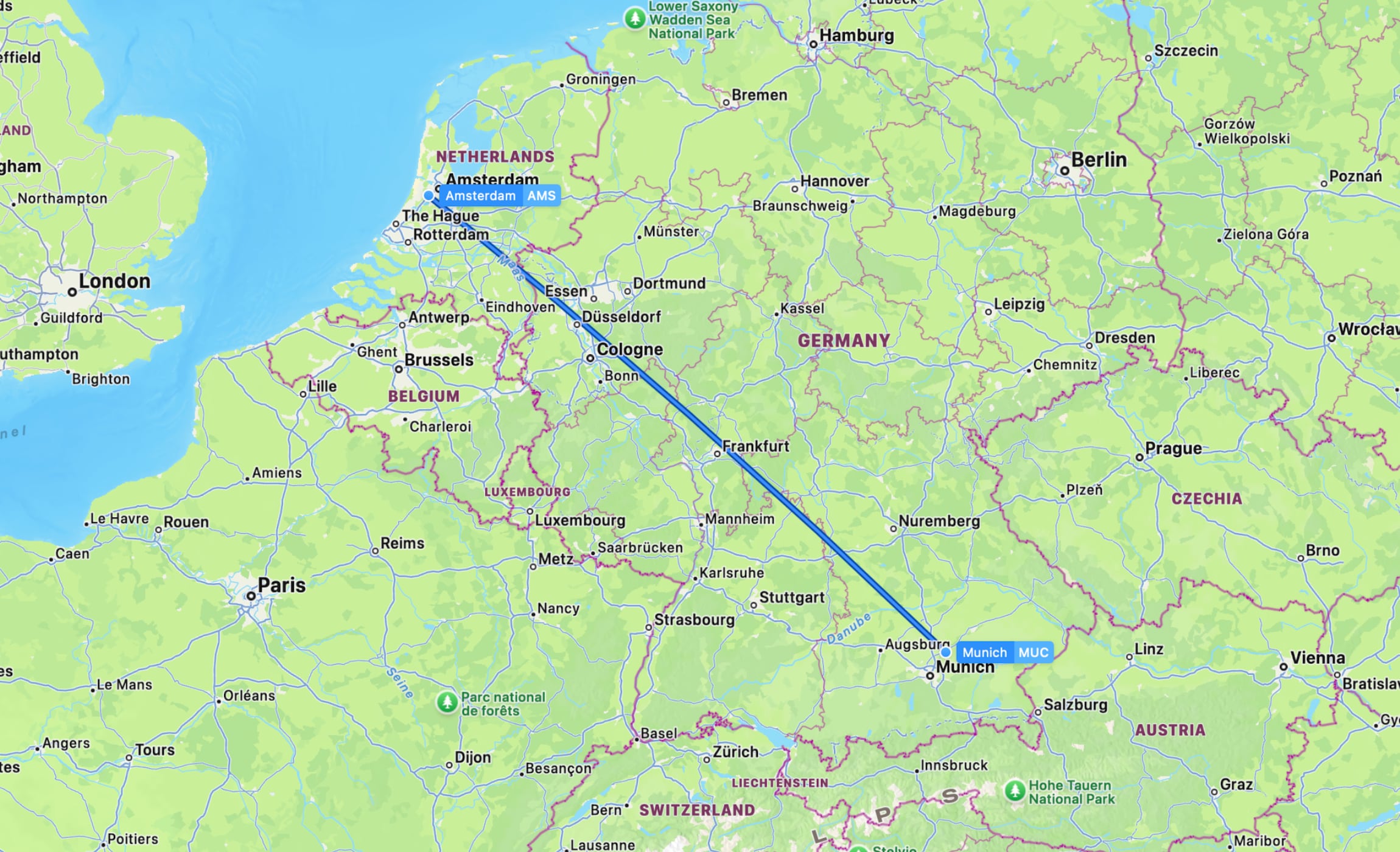 Flight map AMS to MUC