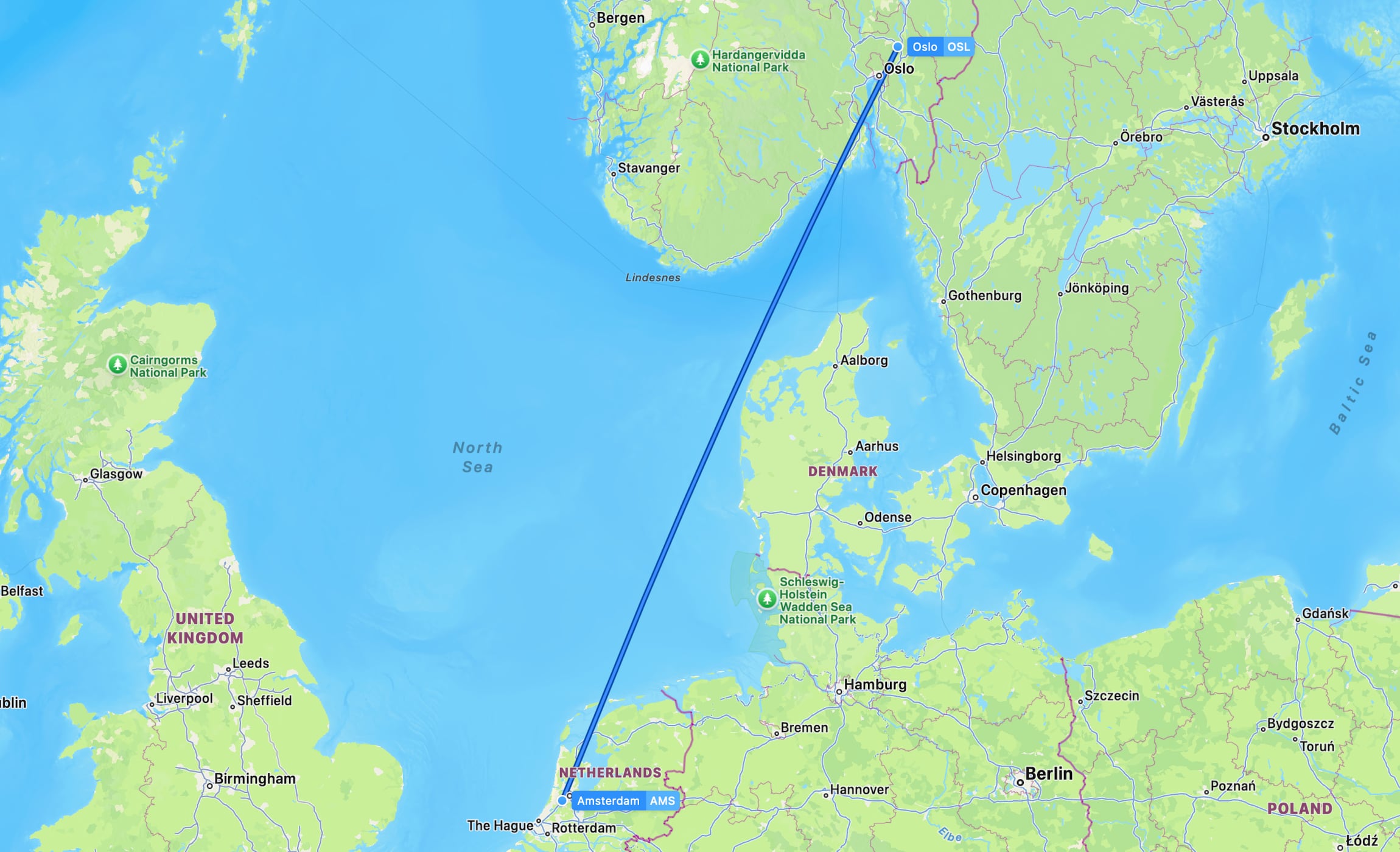 Flight map AMS to OSL