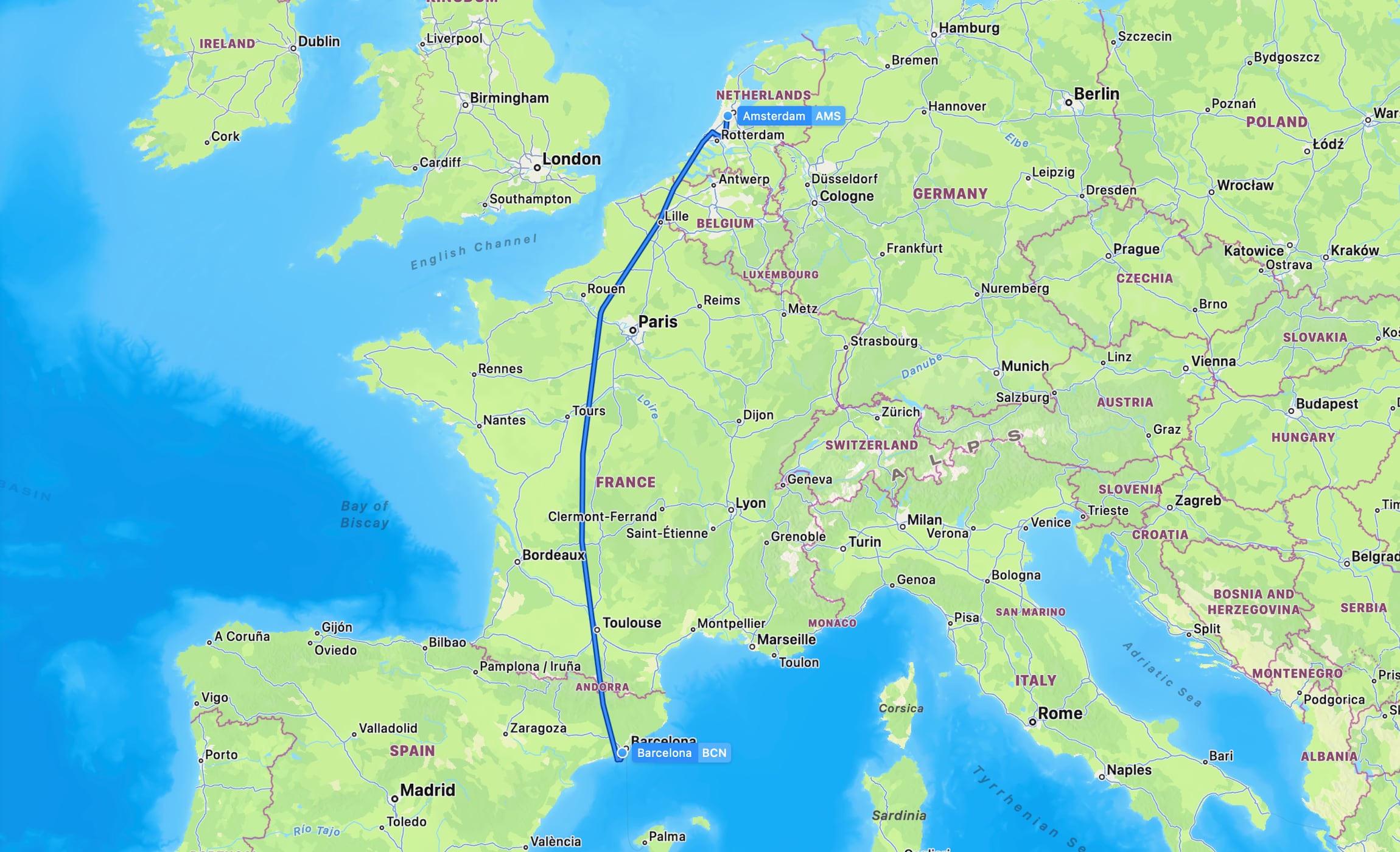Flight map BCN to AMS