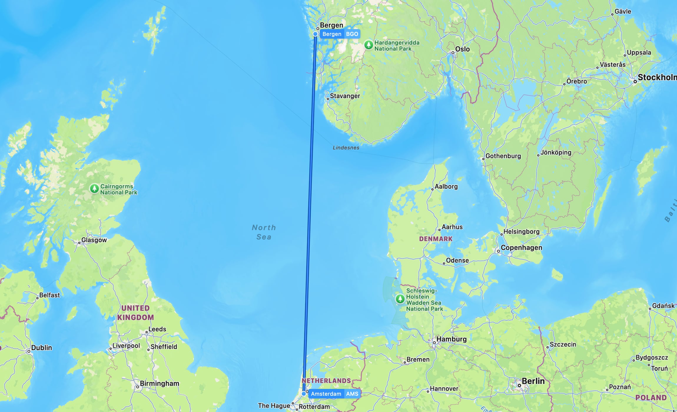 Flight map BGO to AMS