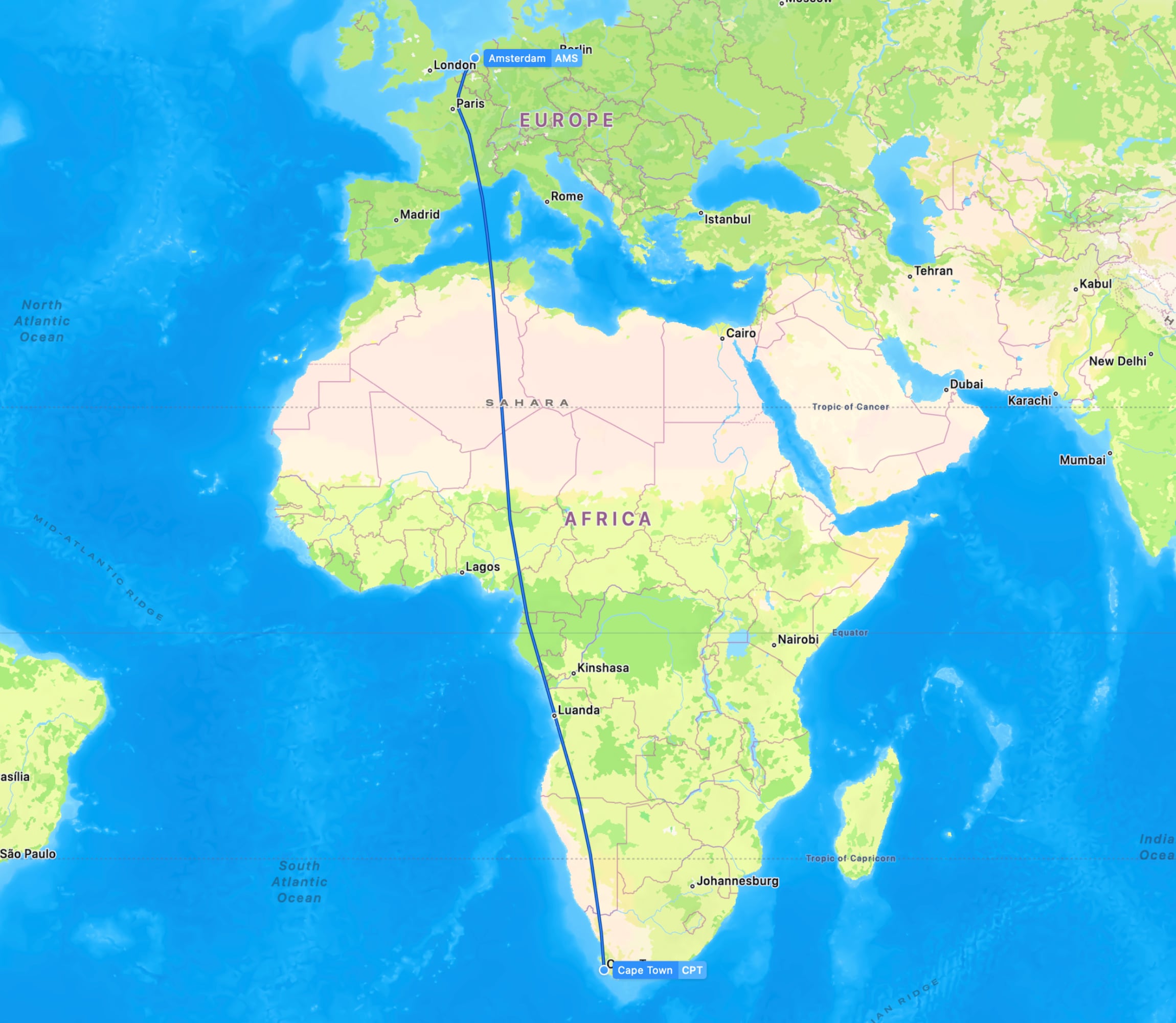 Flight map CPT to AMS