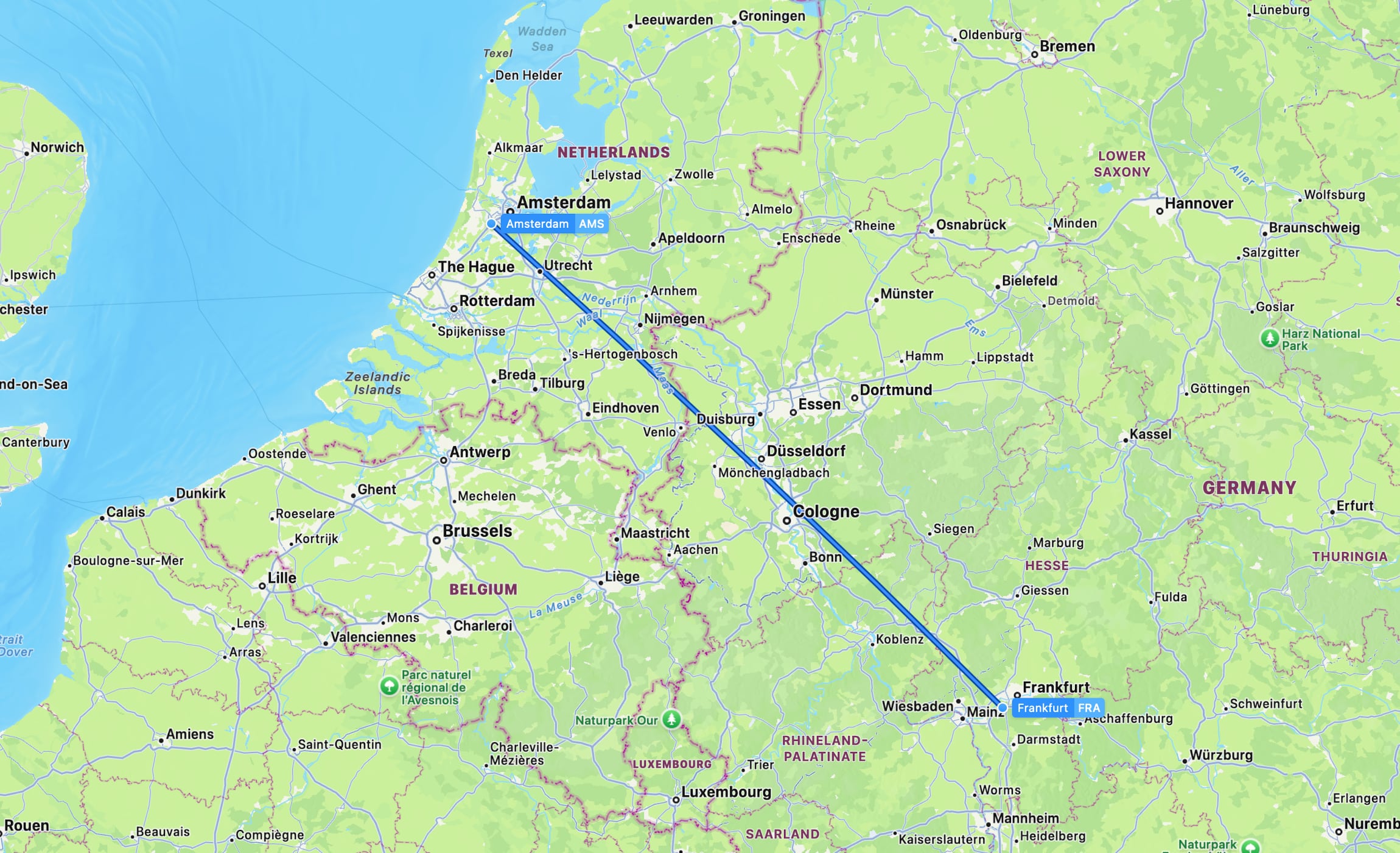 Flight map FRA to AMS