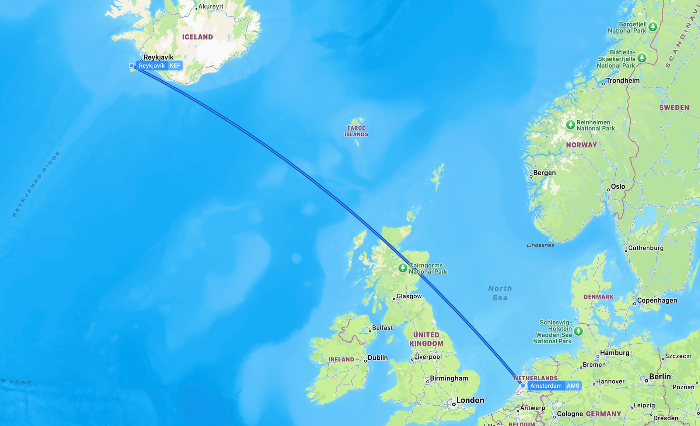 Flight map KEF to AMS