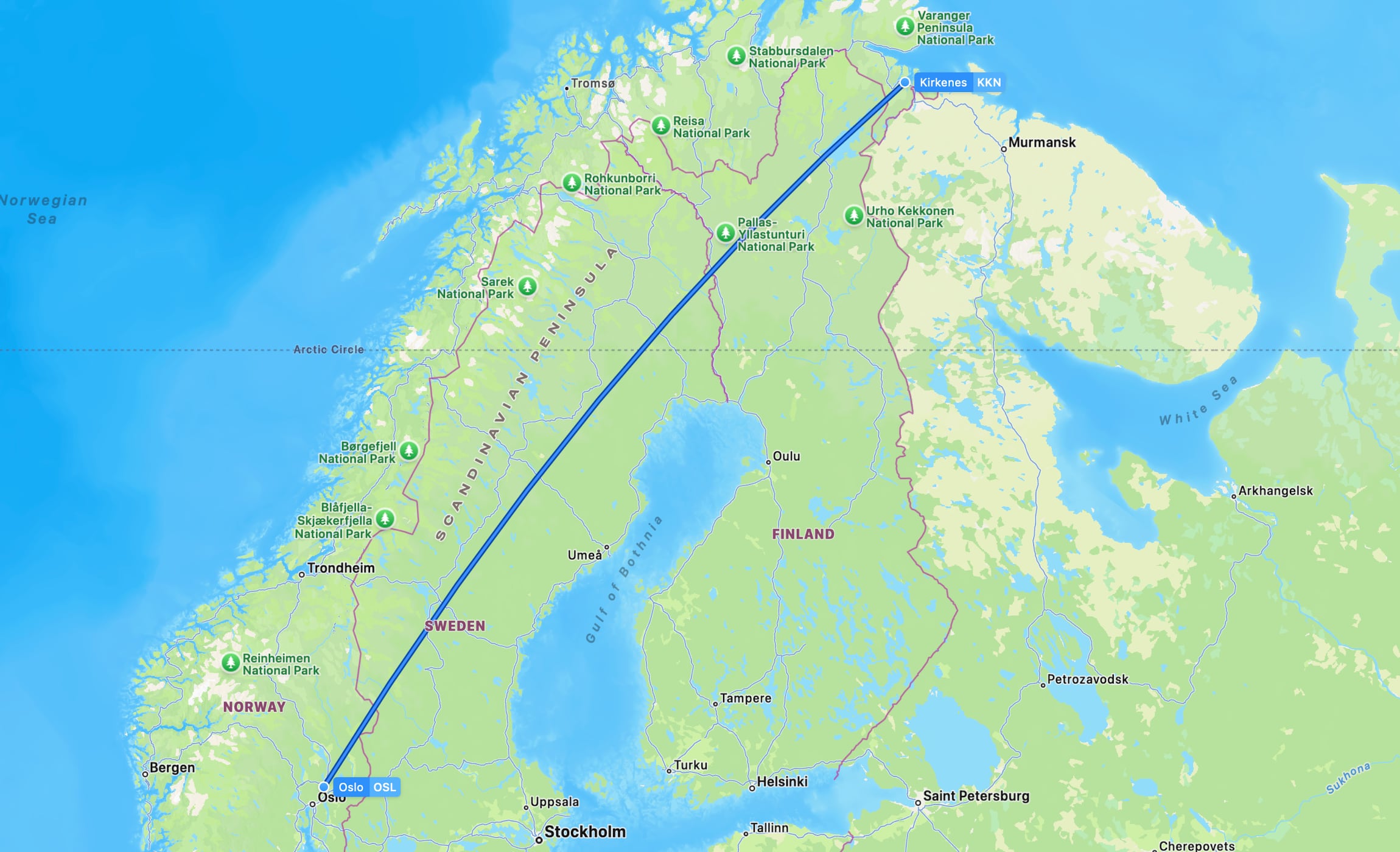 Flight map KKN to OSL
