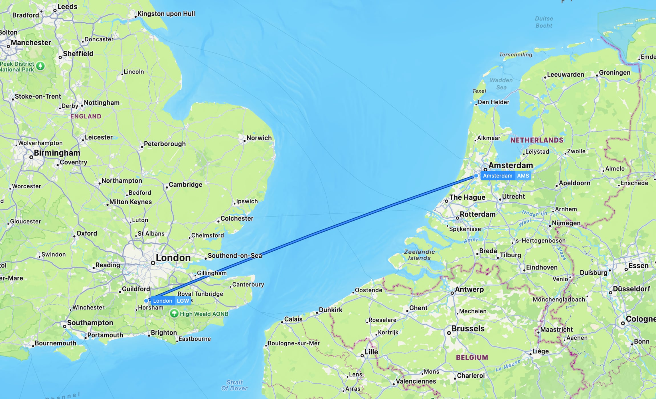Flight map LGW to AMS