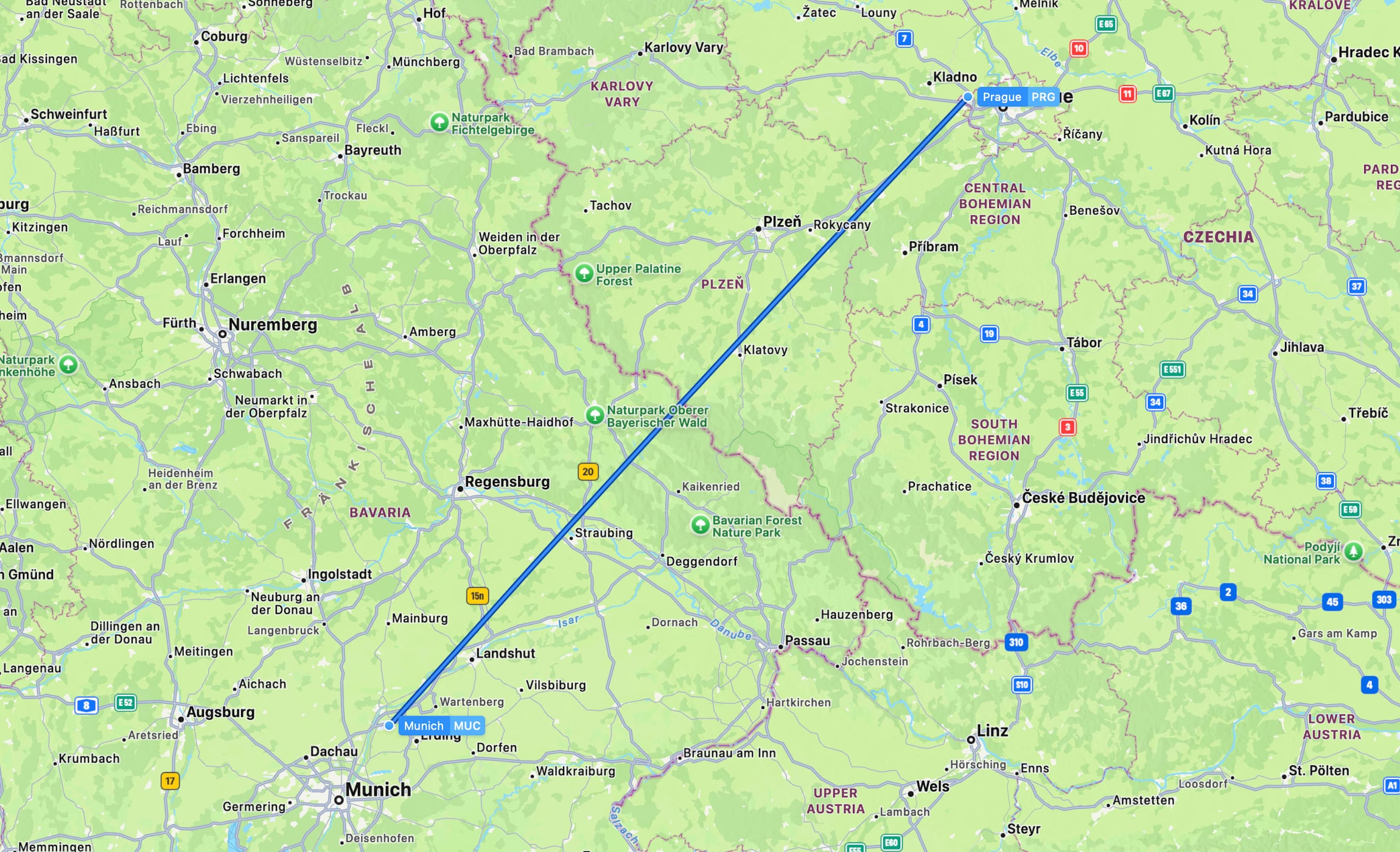 Flight map MUC to PRG