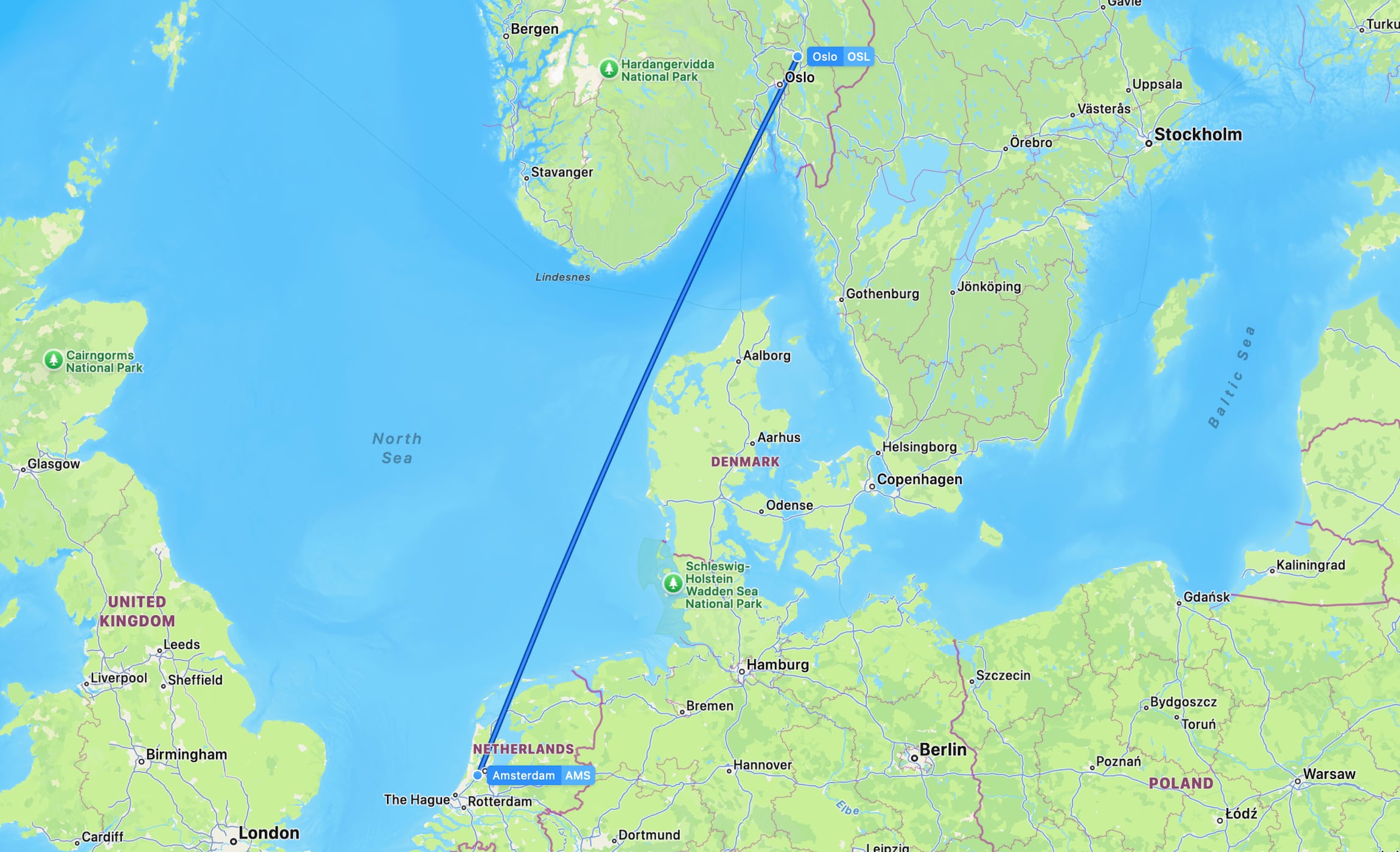 Flight map OSL to AMS