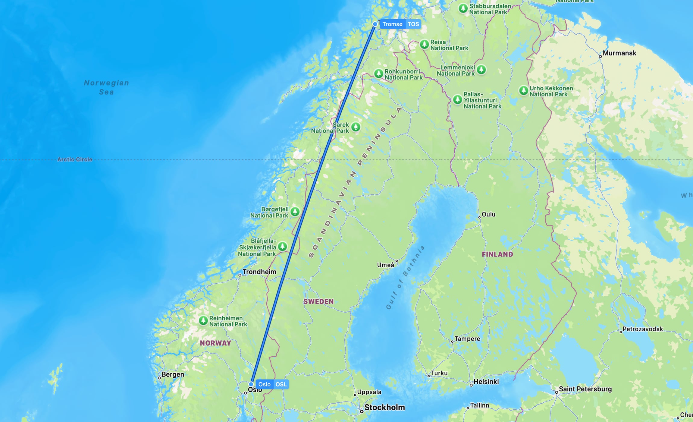 Flight map OSL to TOS