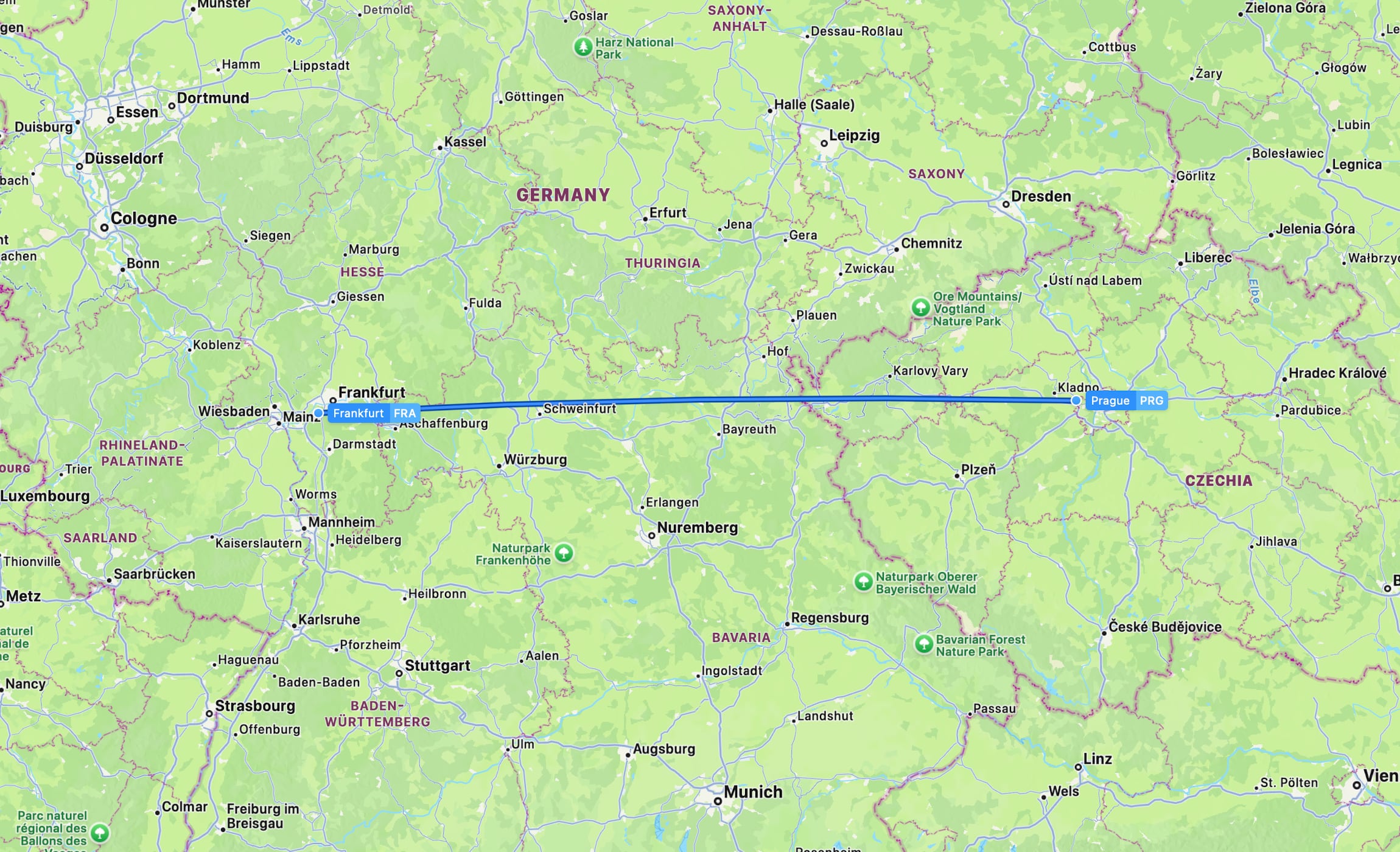 Flight map PRG to FRA