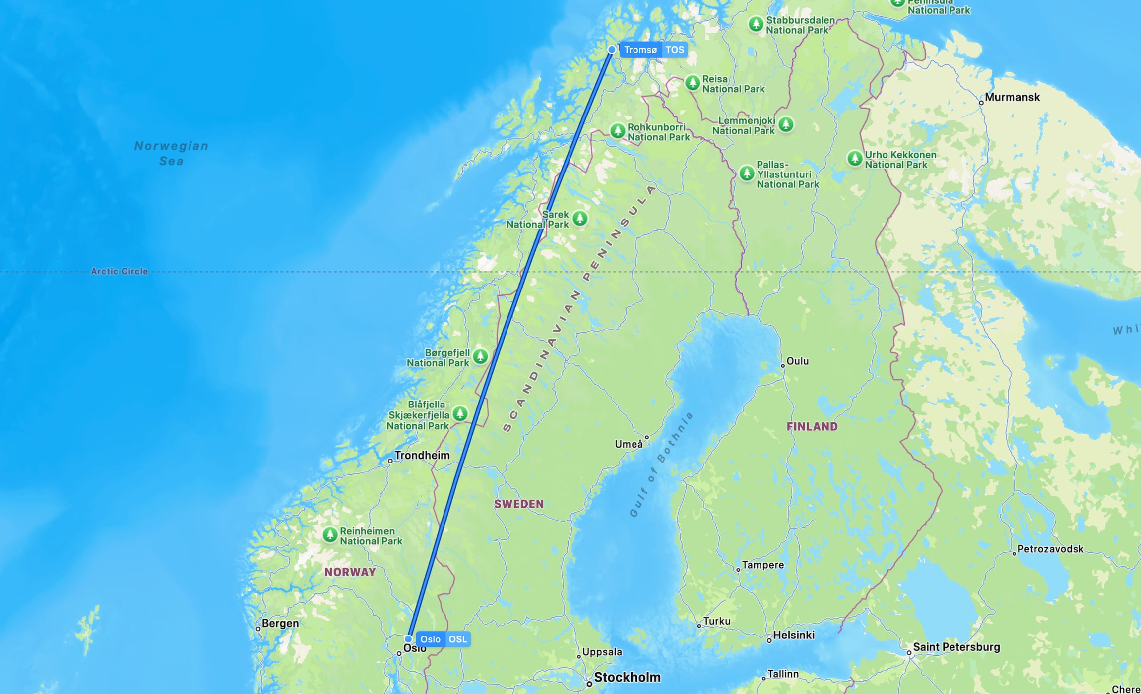 Flight map TOS to OSL